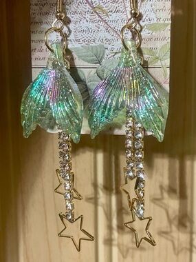 Hand Crafted Iridescent Green Mermaid Tail Star Drop Earrings